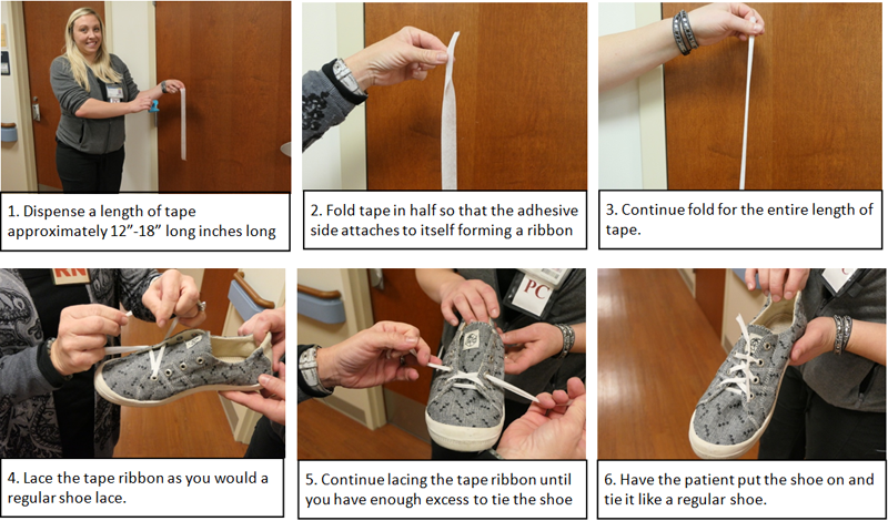 Nurse showing how to create a shoelace that is safe for a psych hospital.